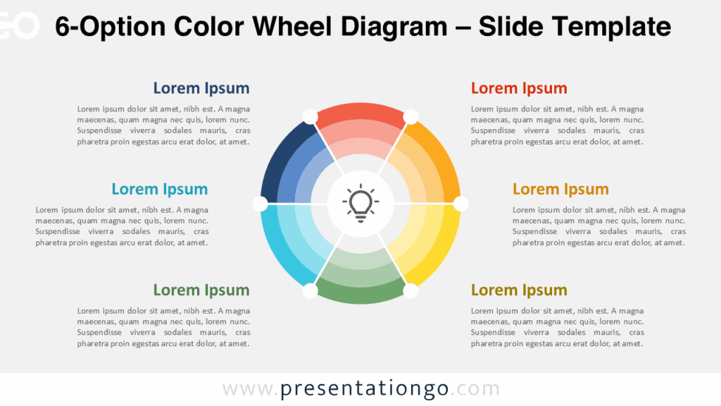 Modern six-step radial design with colorful segments and a central icon, fully customizable in PowerPoint.
