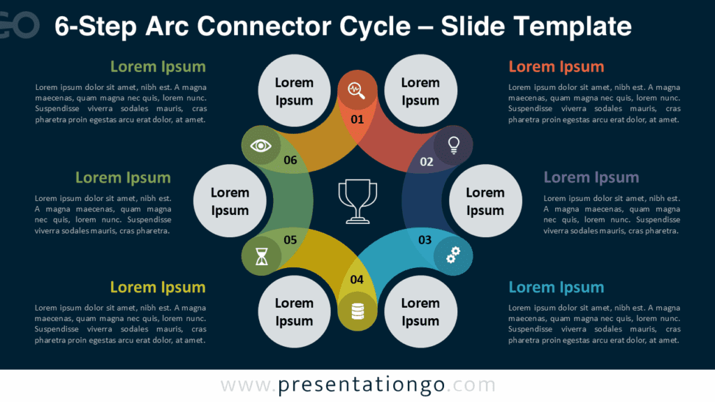 6-Step Arc Connector Cycle – Dark Version for PowerPoint and Google Slides Dark-themed 6-step arc connector cycle infographic with vivid gradient colors and central trophy icon, perfect for modern presentation slides.
