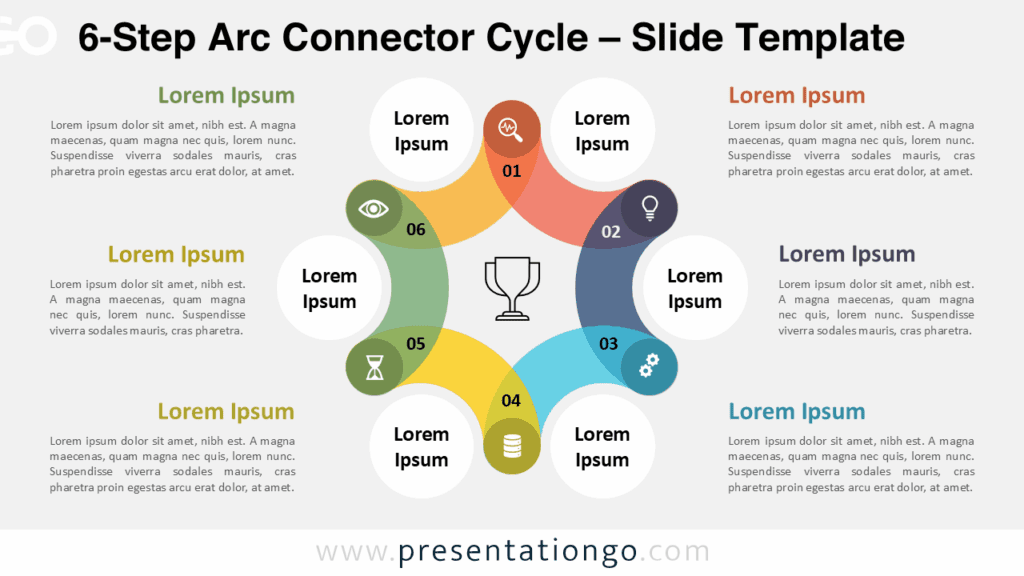 6-Step Arc Connector Cycle – Light Version for PowerPoint and Google Slides Light-themed version of a 6-step circular process diagram featuring vibrant arcs, editable icons, and text areas for modern PowerPoint or Google Slides presentations.