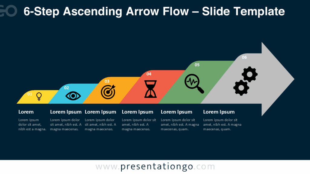 6-Step Ascending Arrow Flow Diagram – Dark Background Colorful 6-step horizontal arrow flow diagram on a dark background, highlighting upward growth and step-by-step business progress.