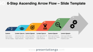 Horizontal 6-step ascending arrow diagram with bright flat colors on a white background, representing process progression and success.
