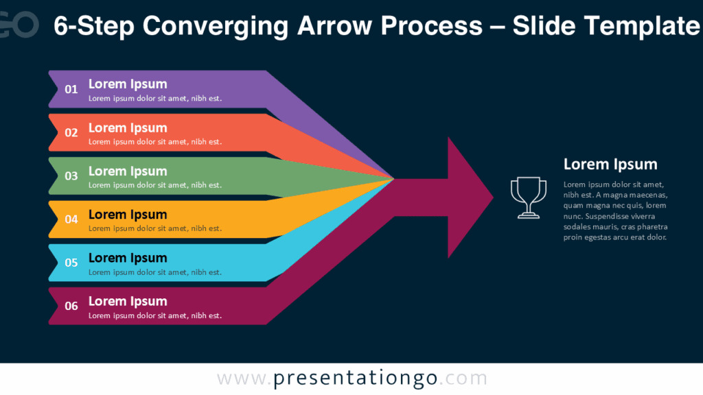 6-Step Converging Arrow Process Dark Background for PowerPoint and Google Slides Dark theme of 6-step converging arrow diagram illustrating progress and convergence in PowerPoint and Google Slides professional layout.