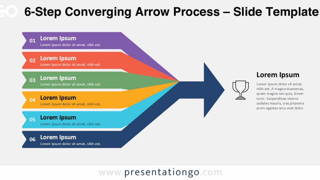 6-Step Converging Arrow Process Light Background for PowerPoint and Google Slides Light background version of 6-step converging arrows showing alignment and focus in PowerPoint and Google Slides business presentations.