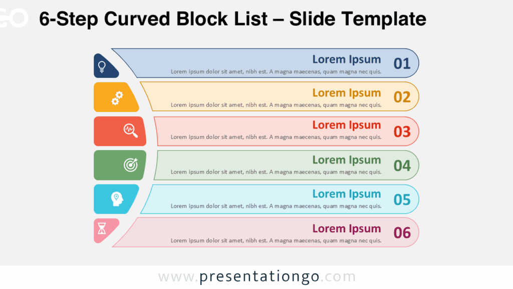 Free 6-Step Curved Block List PowerPoint template and Google Slides diagram showing colorful filled blocks on a light background with icons.