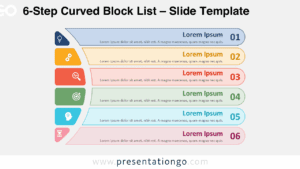 Free 6-Step Curved Block List PowerPoint template and Google Slides diagram showing colorful filled blocks on a light background with icons.