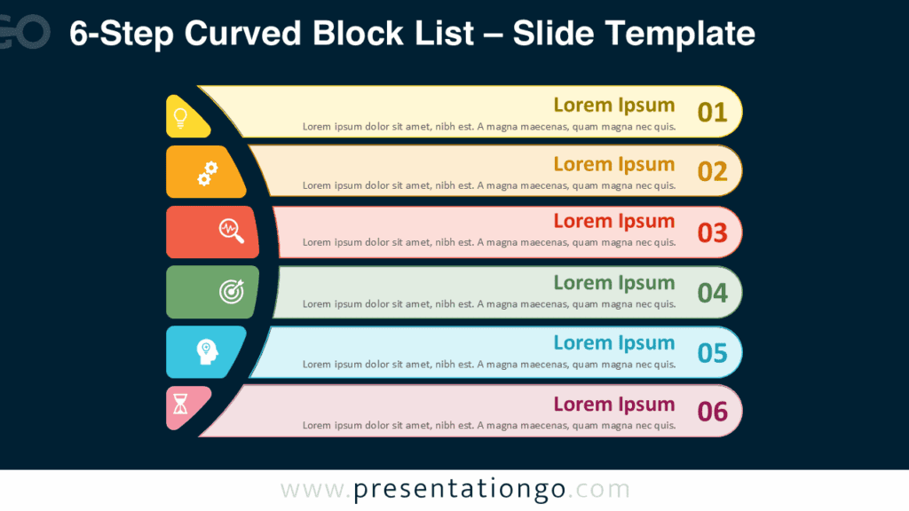 6-Step Curved Block List – Colorful Blocks on Dark Background for PowerPoint & Google Slides Free 6-Step Curved Block List PowerPoint template and Google Slides design with bold colorful blocks on a dark background for strong contrast.