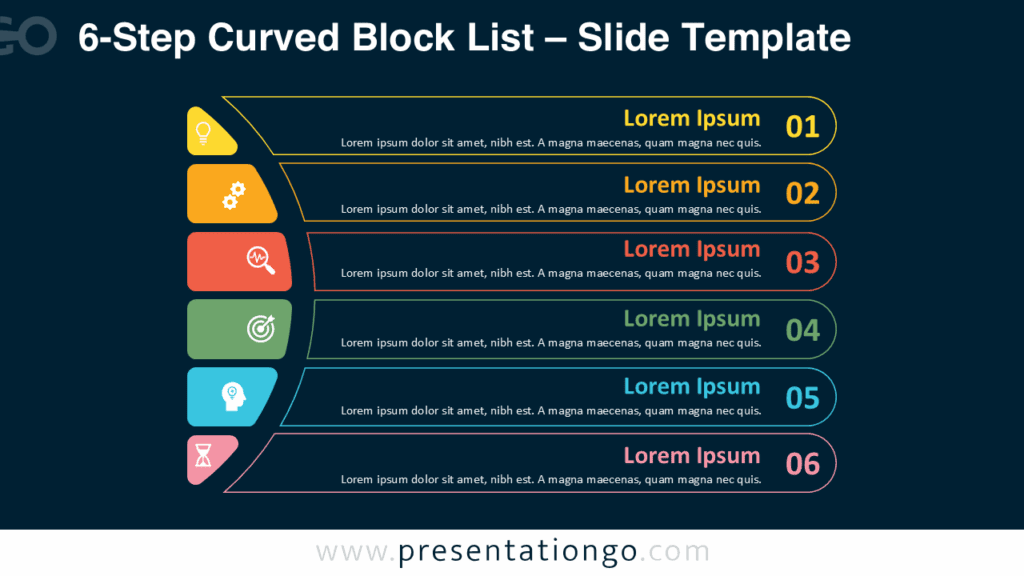 6-Step Curved Block List – Outline Style on Dark Background for PowerPoint & Google Slides Free 6-Step Curved Block List PowerPoint template and Google Slides diagram using outlined blocks with bright colors on a dark background.