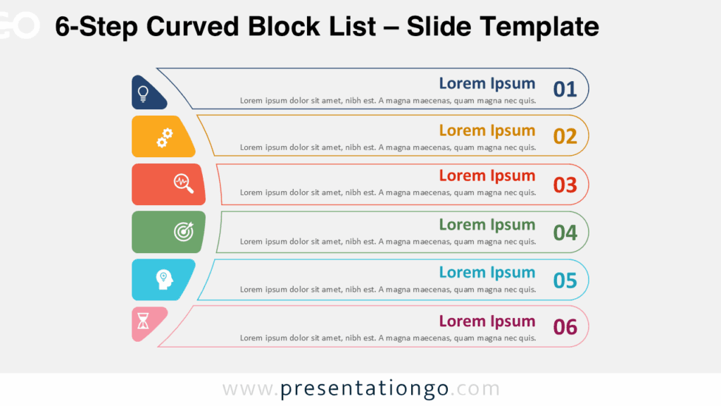 6-Step Curved Block List – Outline Style on Light Background for PowerPoint & Google Slides Free 6-Step Curved Block List PowerPoint template and Google Slides diagram featuring outlined colorful blocks on a clean light background.