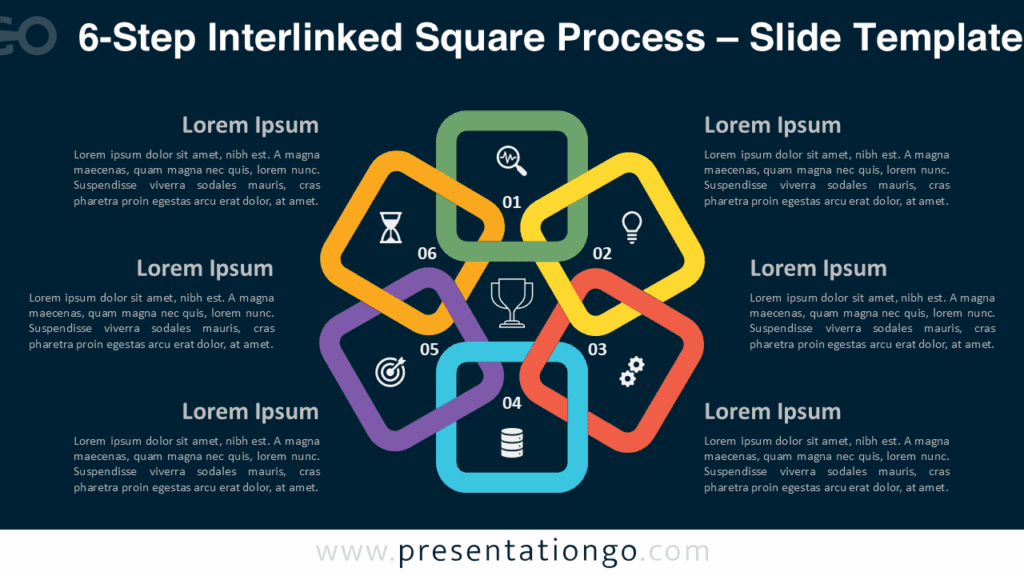 6-Step Interlinked Square Process – Dark Background Six colorful linked squares forming a circular process layout on a dark background for PowerPoint and Google Slides.