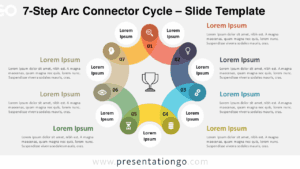 Free PowerPoint and Google Slides 7-Step Arc Connector Cycle template with bright circular layout, colored arcs, icons, and text placeholders.