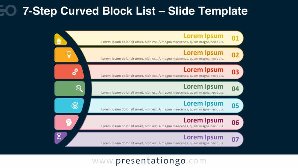 7-Step Curved Block List – Colorful Blocks on Dark Background for PowerPoint & Google Slides Free 7-Step Curved Block List PowerPoint template and Google Slides design with bold colorful blocks on a dark background for strong contrast.