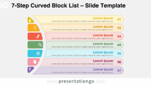 Free 7-Step Curved Block List PowerPoint template and Google Slides diagram showing colorful filled blocks on a light background with icons.
