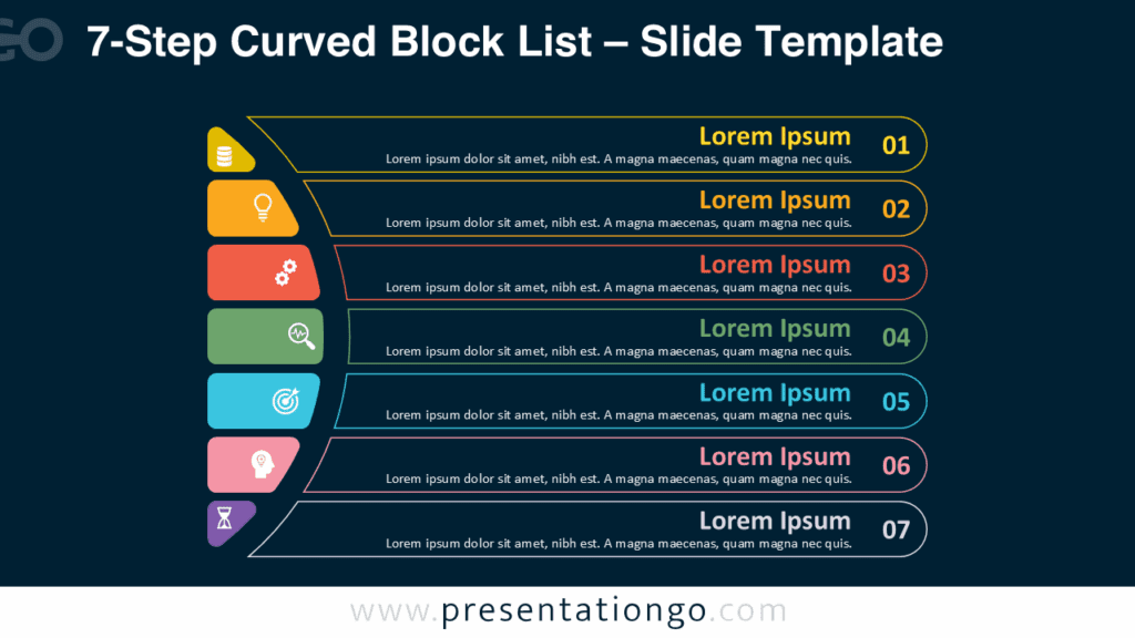 7-Step Curved Block List – Outline Style on Dark Background for PowerPoint & Google Slides Free 7-Step Curved Block List PowerPoint template and Google Slides diagram using outlined blocks with bright colors on a dark background.