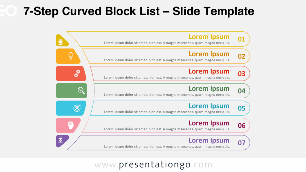 7-Step Curved Block List – Outline Style on Light Background for PowerPoint & Google Slides Free 7-Step Curved Block List PowerPoint template and Google Slides diagram featuring outlined colorful blocks on a clean light background.
