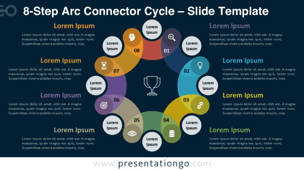 8-Step Arc Connector Cycle – Dark Mode PowerPoint & Google Slides Design Elegant dark background version of the 8-Step Arc Connector Cycle template for PowerPoint and Google Slides with vivid color contrast and glowing arcs.