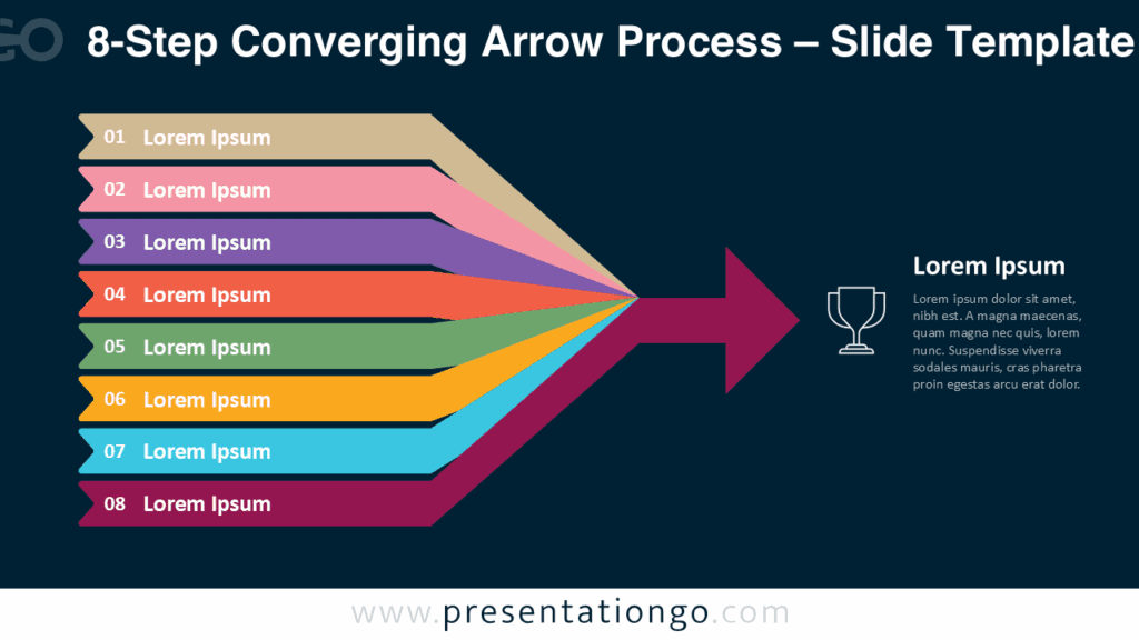 8-Step Converging Arrow Process Dark Background for PowerPoint and Google Slides Dark background version of 8-step converging arrows representing goal achievement and process alignment in PowerPoint and Google Slides layout.