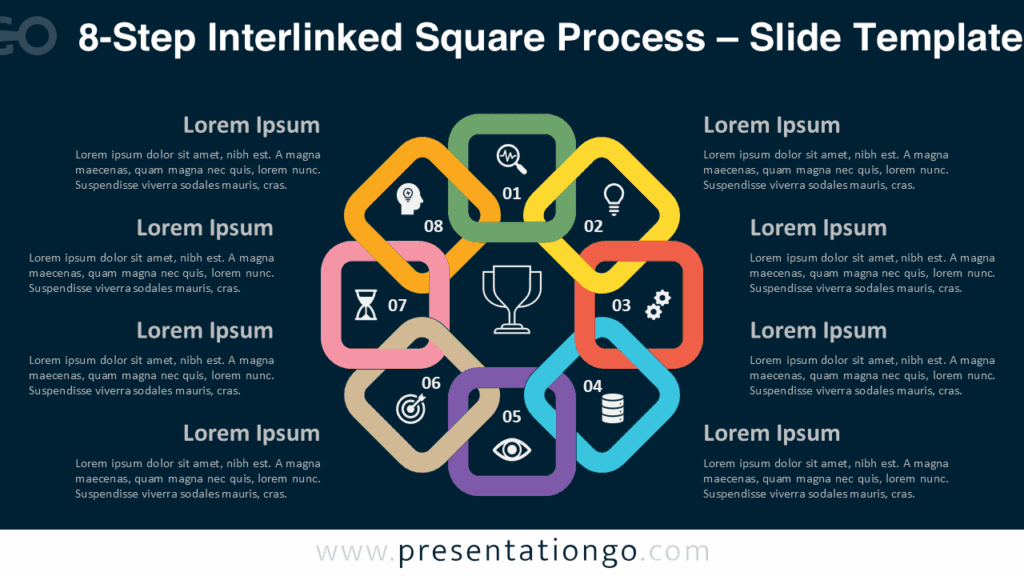 8-Step Interlinked Square Process – Dark Background Bright 8-step interlinked squares diagram with icons on a dark background for PowerPoint and Google Slides.