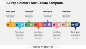 Free 8-Step Pointer Flow PowerPoint template and Google Slides diagram with colorful numbered blocks and pointer shapes on a light background.