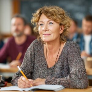 Smiling mature woman attentively learning in an adult education class, symbolizing empowerment, personal growth, and lifelong learning.