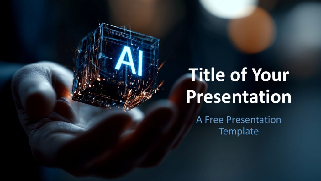 AI Cube Nexus Cover Slide for PowerPoint & Google Slides Cover slide showing a human hand holding a glowing AI cube on a dark digital background, symbolizing innovation and intelligence in technology presentations.