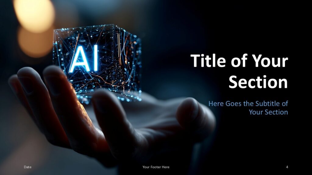 AI Cube Nexus Section Slide 1 for PowerPoint & Google Slides Section divider slide highlighting a centered glowing cube and section title, used to transition between presentation chapters with a luminous visual impact.