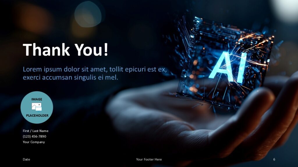 AI Cube Nexus Thank You Slide for PowerPoint & Google Slides Closing slide with “Thank You” text, contact details, and glowing AI cube background, delivering a polished and professional presentation finale.