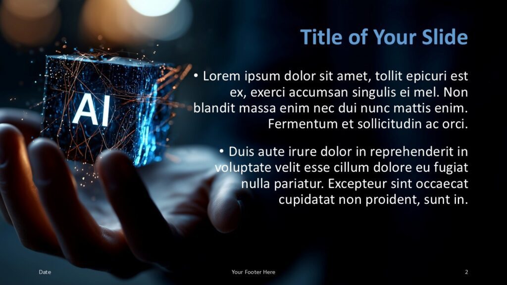 AI Cube Nexus Title and Content Slide 1 for PowerPoint & Google Slides Layout featuring title and text area aligned to the right over a dark glowing AI cube background, perfect for presenting main topics or summaries.