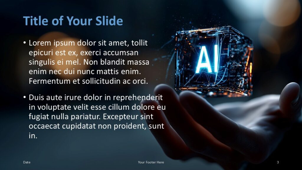 AI Cube Nexus Title and Content Slide 2 for PowerPoint & Google Slides Alternative content layout with text positioned on the opposite side for visual variation, maintaining the same futuristic AI glow and elegant tone.