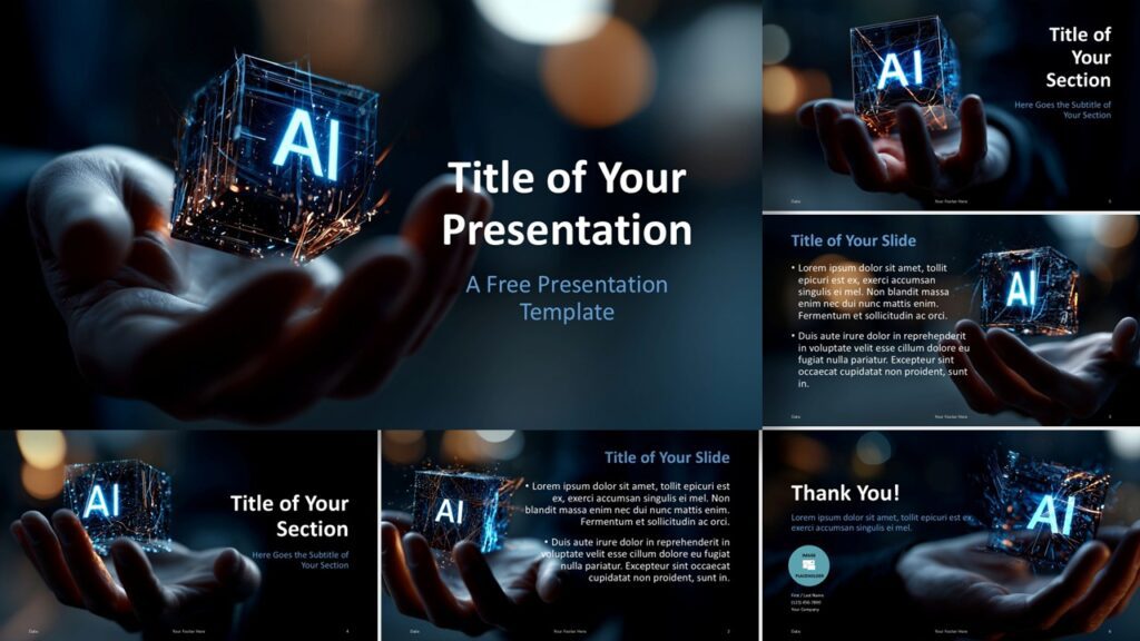 Full widescreen preview of the AI Cube Nexus presentation template featuring sleek digital layouts, balanced text areas, and a professional blue glow aesthetic.