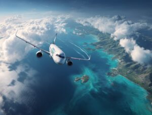 Airplane flying above turquoise tropical ocean and lush island coastline under cloudy skies, viewed from a high aerial angle.