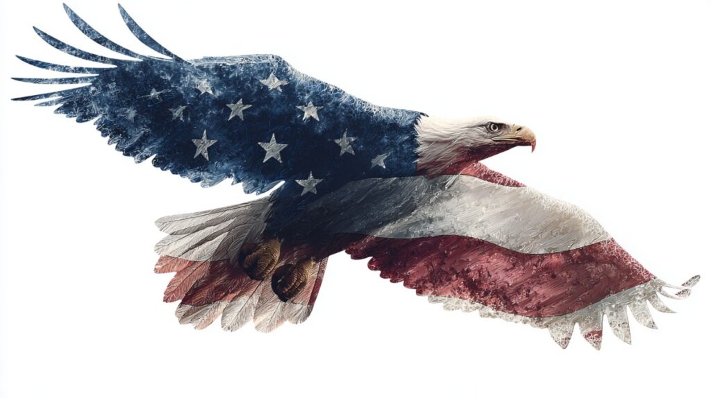 Majestic bald eagle soaring in the sky with a double exposure of the American flag overlay, symbolizing U.S. freedom and national pride.