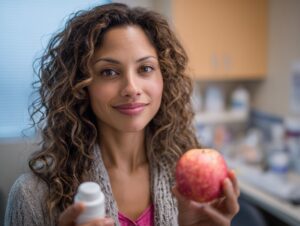 Smiling woman holding an apple in one hand and a supplement bottle in the other, representing a choice between natural and dietary health options.