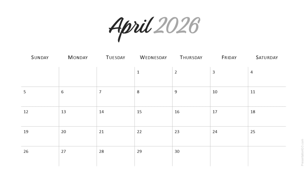 April 2026 Minimal Calendar (Sunday Start) April 2026 slide layout from the Minimal 2026 Calendar with modern grid and light design for PowerPoint and Google Slides.
