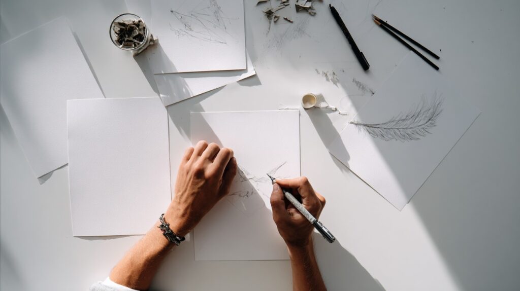 Close-up of a person’s hands sketching a drawing with a pen on white paper, surrounded by pencils and rough sketches in natural sunlight.