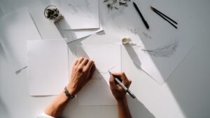 Close-up of a person’s hands sketching a drawing with a pen on white paper, surrounded by pencils and rough sketches in natural sunlight.