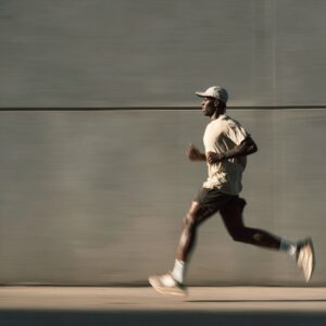 Full-body side view of athletic man running outdoors along a minimalist gray wall, symbolizing motion, fitness, and determination.