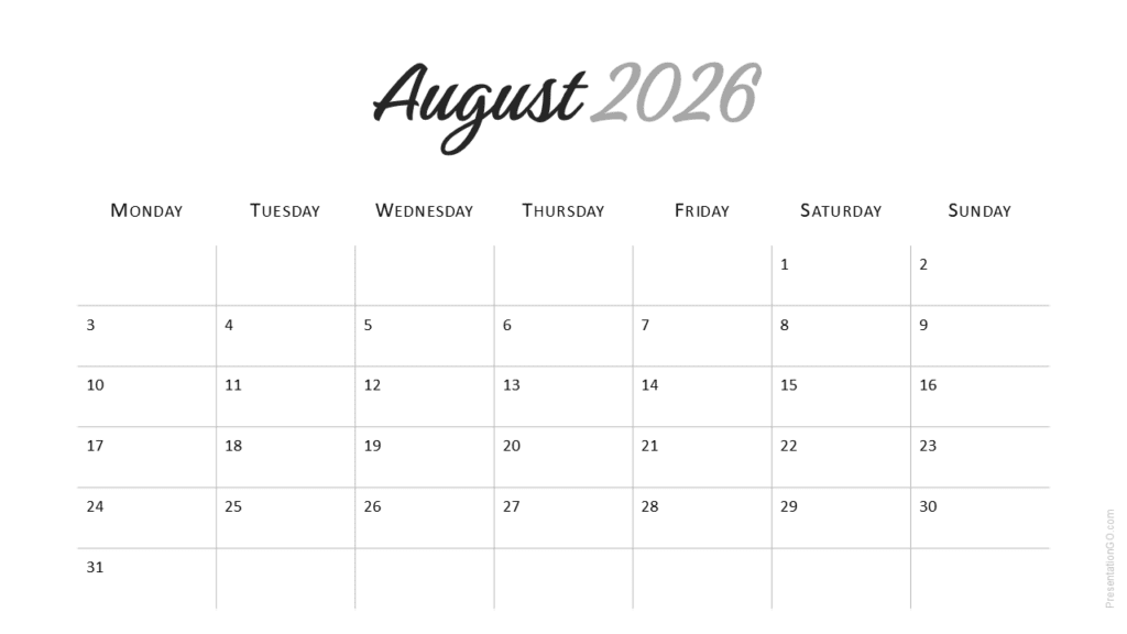 August 2026 slide from Minimal 2026 Calendar showing balanced layout for PowerPoint and Google Slides.