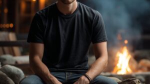 Mockup of a black blank T-shirt worn by a male model sitting near a campfire in a cozy outdoor setting—ideal for apparel branding.