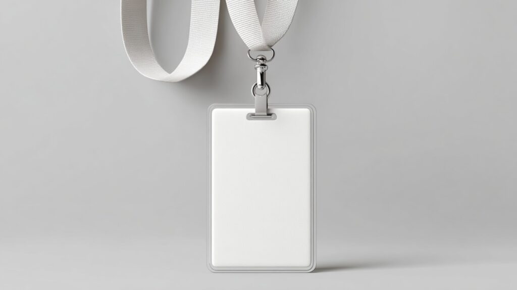 Vertical blank white ID badge on a lanyard hanging against a light gray background, perfect for mockups or corporate identity design.