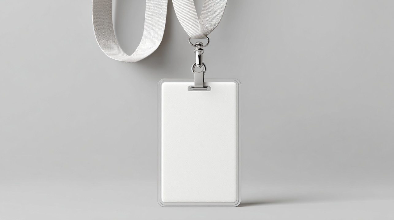 Vertical blank white ID badge on a lanyard hanging against a light gray background, perfect for mockups or corporate identity design.