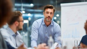A confident business leader in a blue shirt presenting to a team during a strategy meeting with charts in a modern glass office.
