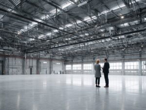 Two business professionals standing in a large empty industrial warehouse with high ceilings and metal framework.