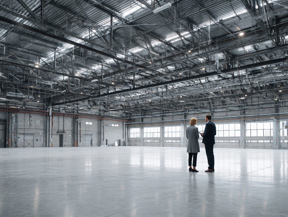 Two business professionals standing in a large empty industrial warehouse with high ceilings and metal framework.
