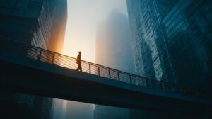 Silhouette of a businessman walking on a bridge between tall modern skyscrapers in foggy sunrise, symbolizing ambition and solitude.