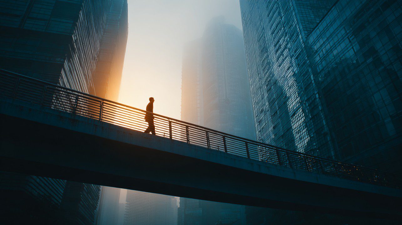 Silhouette of a businessman walking on a bridge between tall modern skyscrapers in foggy sunrise, symbolizing ambition and solitude.