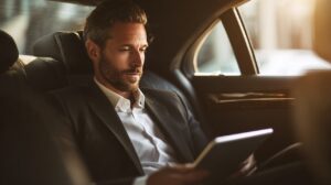 Professional businessman in a suit working on a tablet while seated in the back of a luxury car, highlighting mobile productivity and corporate lifestyle.