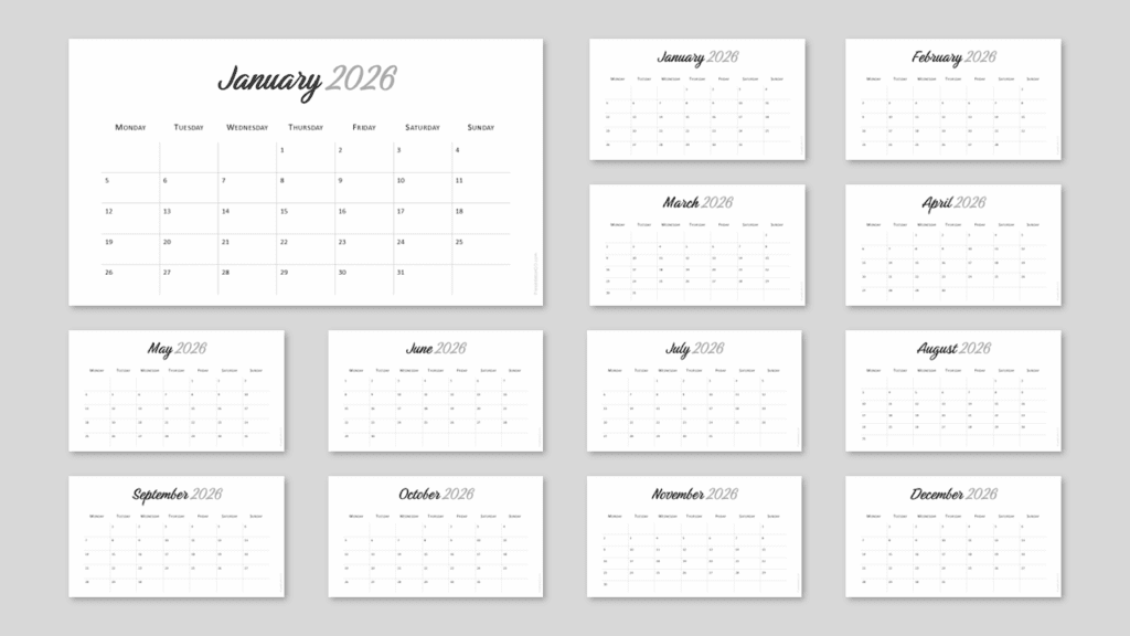 Full-year Minimal 2026 Calendar (Monday Start) with editable slides and light background for PowerPoint and Google Slides.