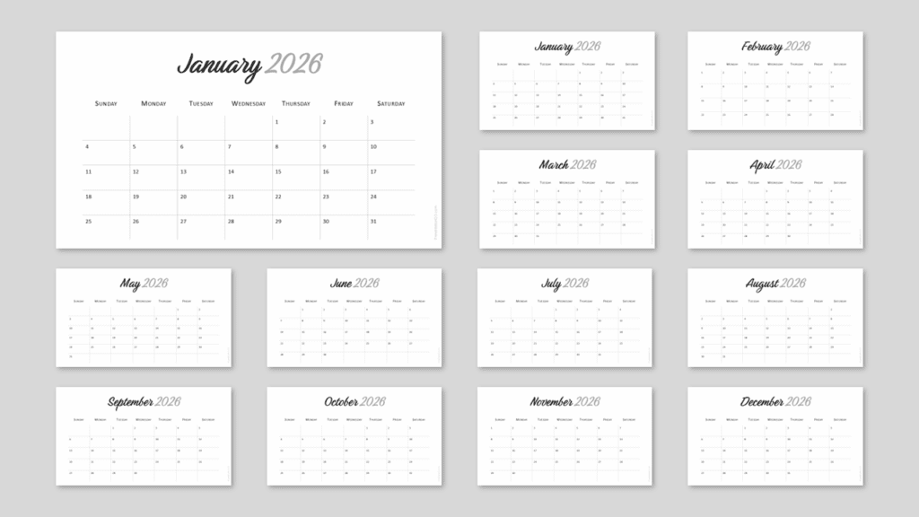 Elegant Minimal 2026 Calendar (Sunday Start) layout showing full-year monthly slides for PowerPoint and Google Slides, ideal for yearly planning.
