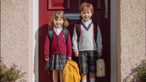 Two children in school uniforms standing by a red door with backpacks and lunchboxes on the first day of school.