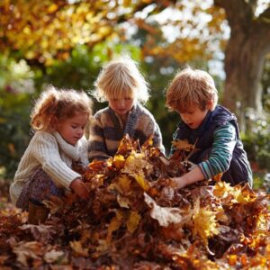 Three children playing together in a park, gathering and tossing colorful autumn leaves under warm sunlight, symbolizing joy and family fun.